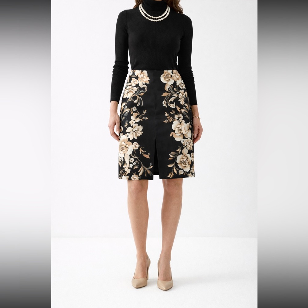 White House Black Market Black Floral Skirt Size 8 NWT